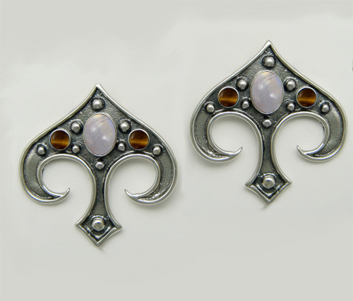 Sterling Silver Gothic Inspired Drop Dangle Earrings With Rainbow Moonstone And Tiger Eye